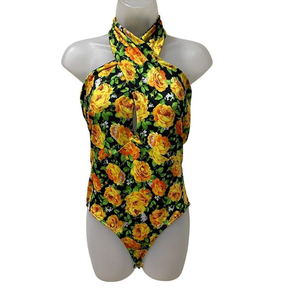 Zara Womens Yellow Floral Halter Neck Bodysuit Size M - Picture 1 of 6